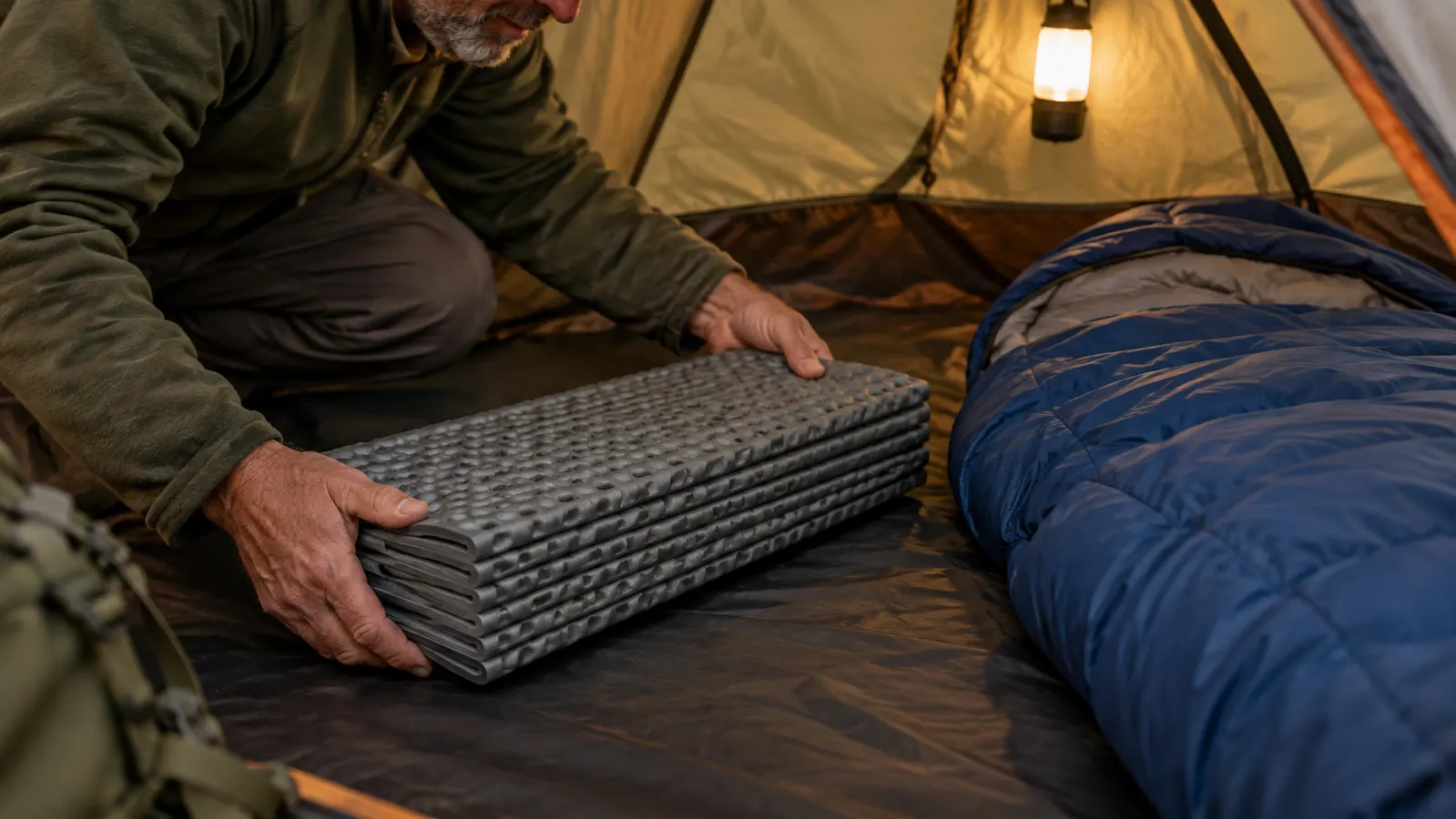 A hand placing a folded foam sleeping pad on the floor of a tent next to a sleeping bag