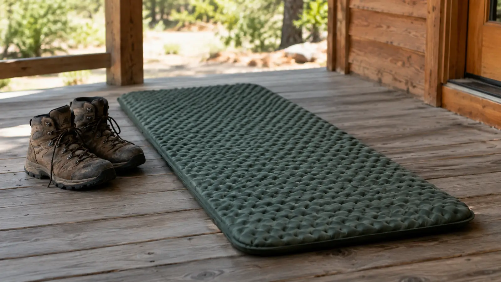 A foam sleeping pad lying on a porch deck in daylight beside a pair of hiking boots