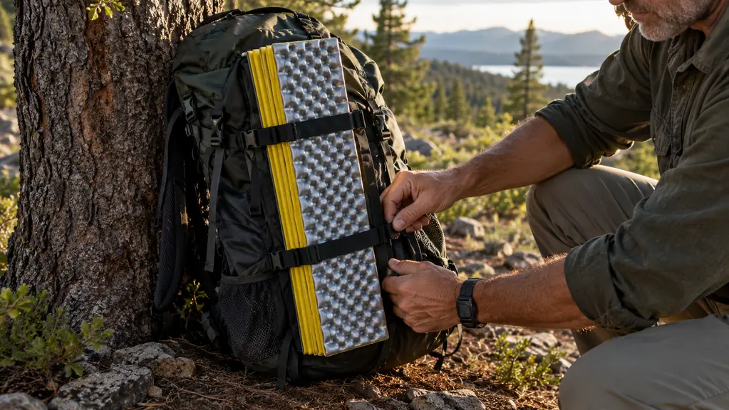 A folded foam sleeping pad strapped to the outside of a backpack leaning against a tree
