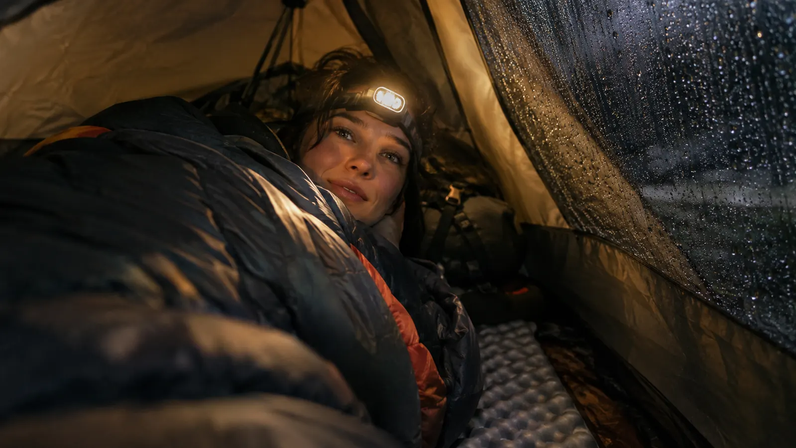 A camper in a sleeping bag on a foam pad inside a small tent, headlamp glowing, rain visible on the tent wall